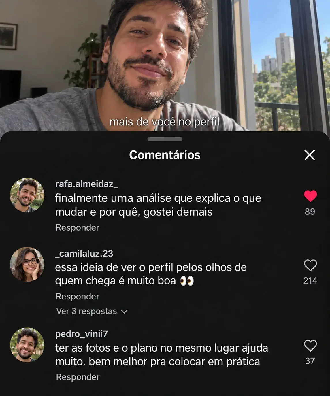 Comentários sobre a análise das fotos do perfil e o plano de mudanças do Atrai.me.