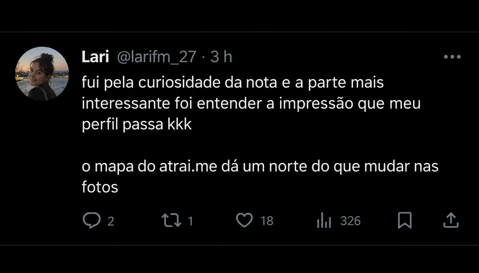 Publicação no X sobre entender a impressão do perfil e o que mudar nas fotos.